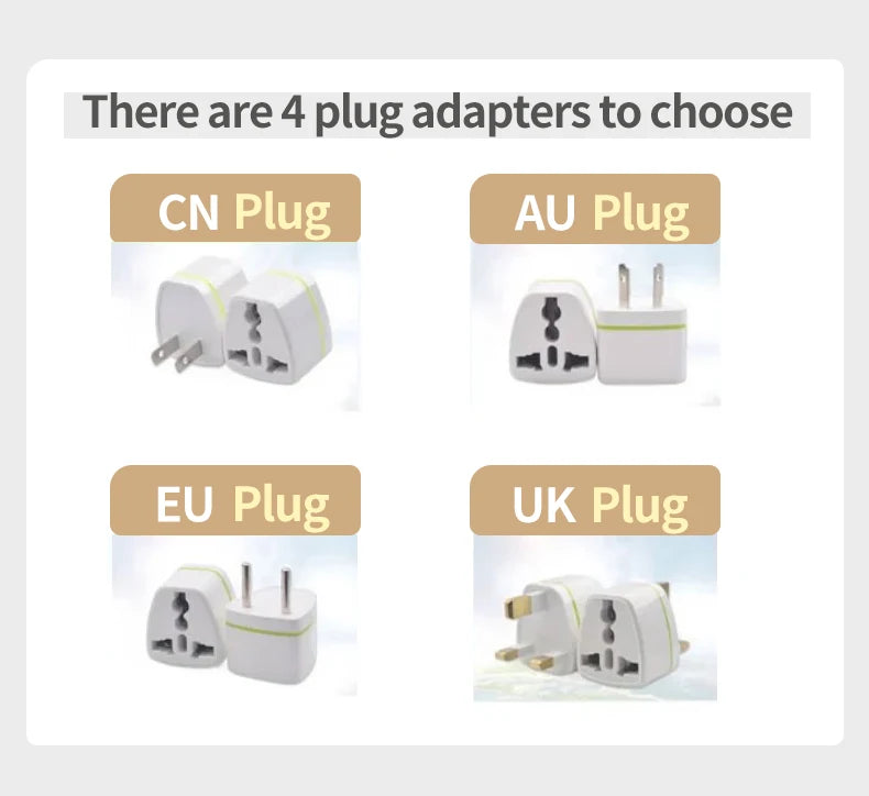 Four white universal power plug adapters for kitchen appliances, including CN, AU, EU, and UK plug types.