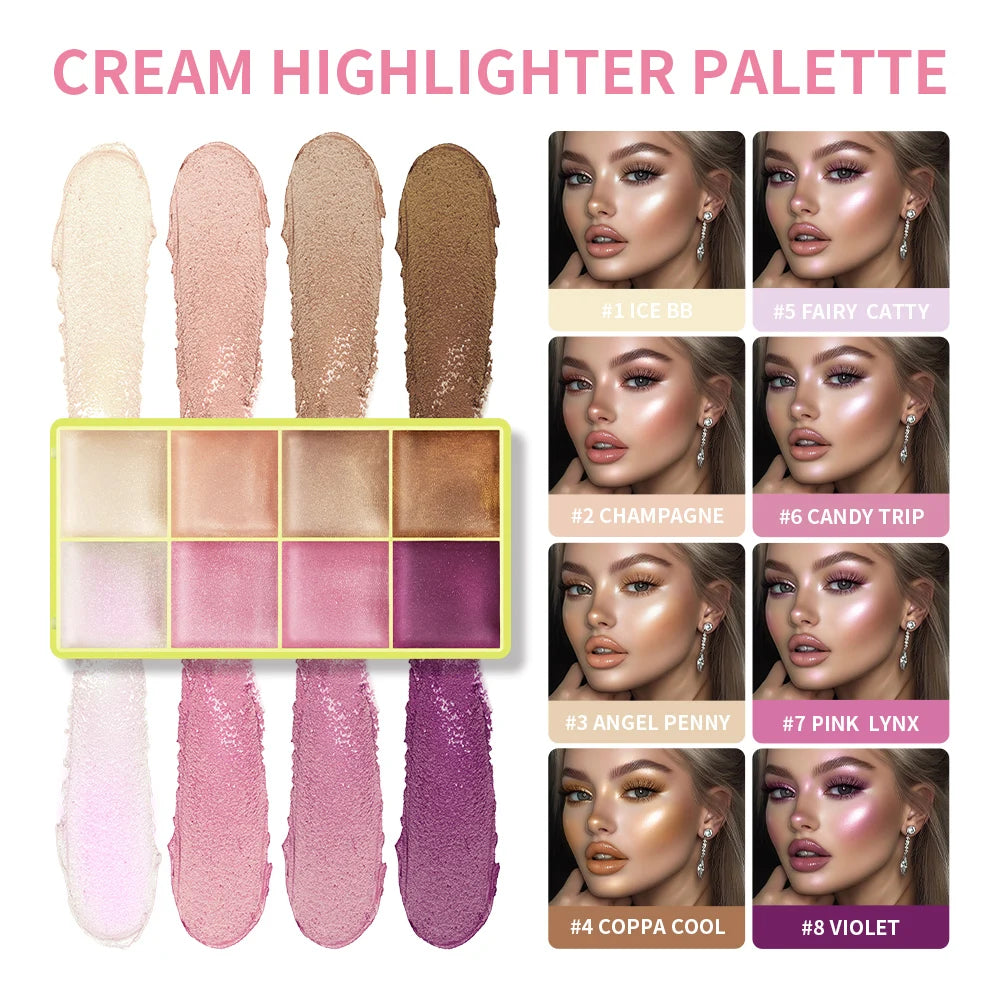 Tidesmit 8 color cream highlighter palette shade swatches for shimmering face makeup and glowing skin finish