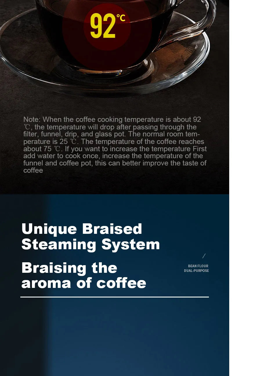 Glass coffee maker showing 92 degree brewing temperature and braised steaming system for optimal coffee extraction.