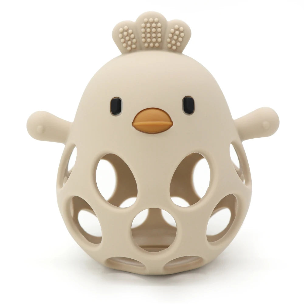 Beige silicone baby teething toy shaped like a chicken for gum relief.