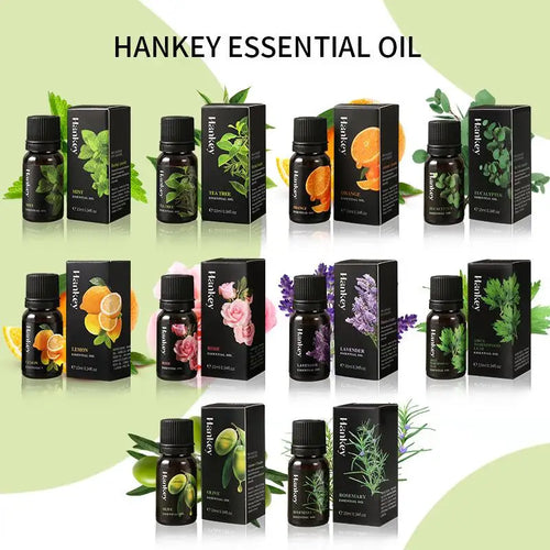 Hankey aromatherapy essential oil set in dark amber bottles for natural wellness, featuring various plant-based scents.