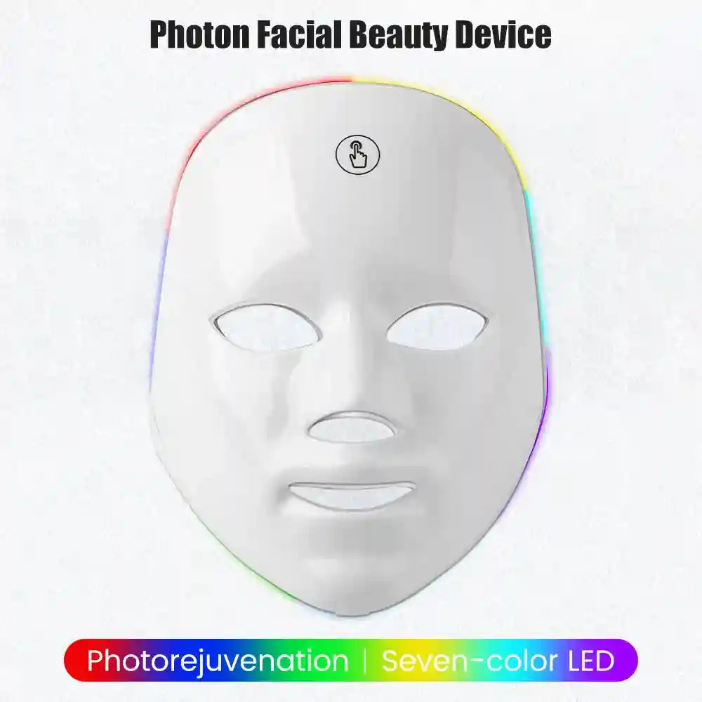 Smooth white facial beauty mask with a touch control icon and a rainbow-colored LED light trim.