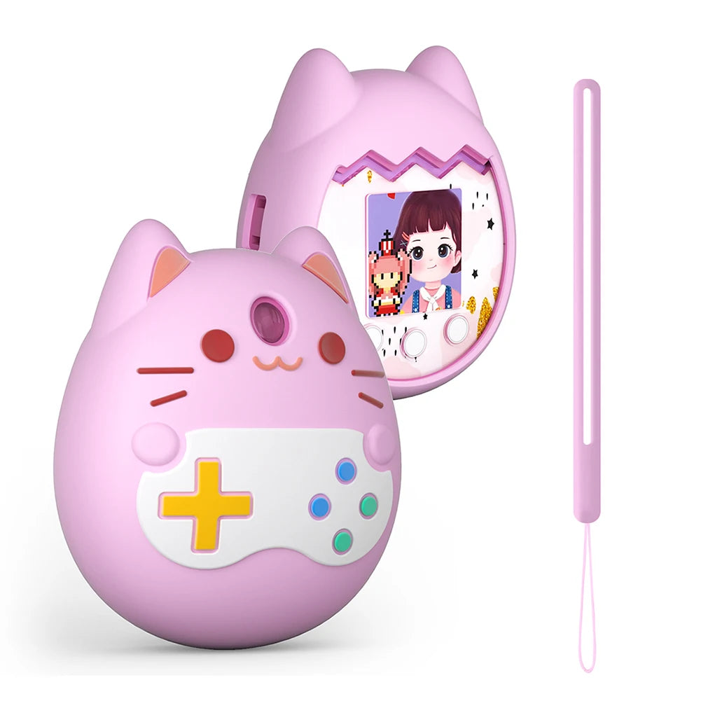 Pink silicone case for Tamagotchi Pix with hand strap. Soft, shockproof cover protects your virtual pet game console.
