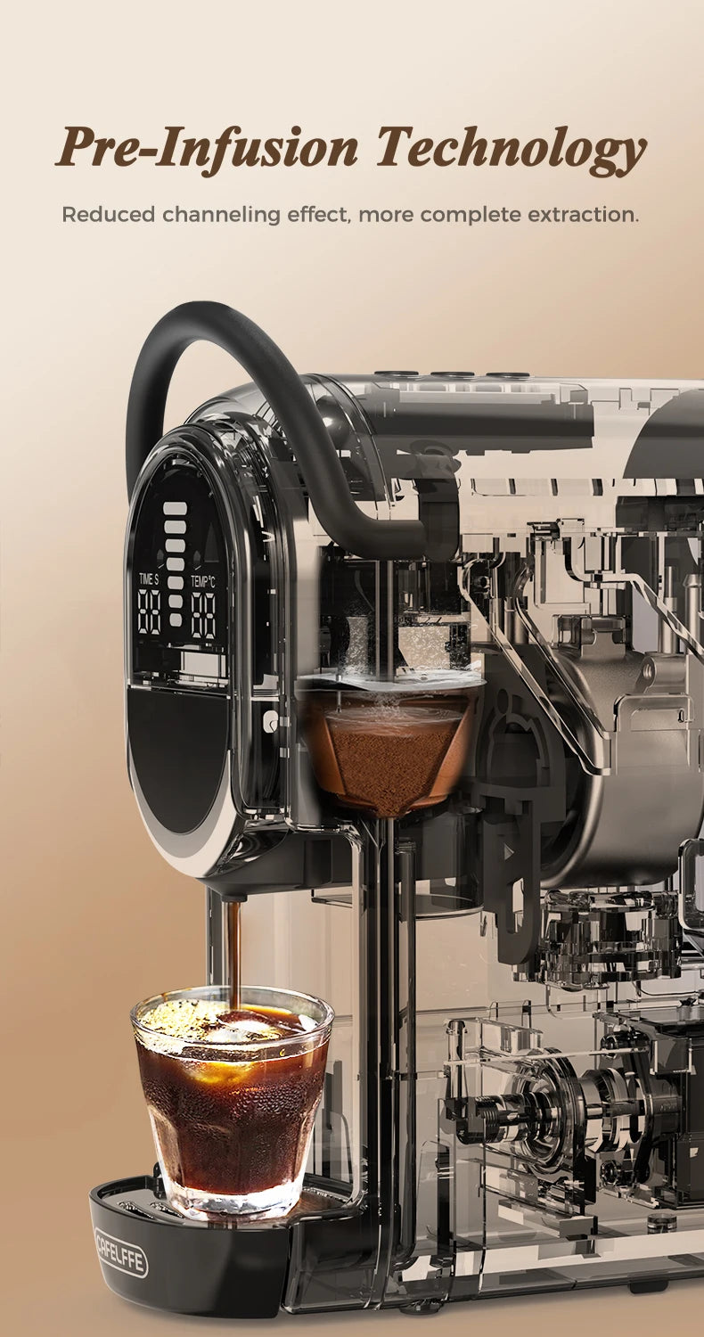 Cafelffe transparent espresso machine with pre-infusion technology, digital display, and glass cup on drip tray.