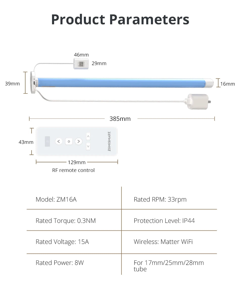 Tidesmit 28mm Smart Roller Shade Motor - Matter Over WiFi Compatible Tidesmit