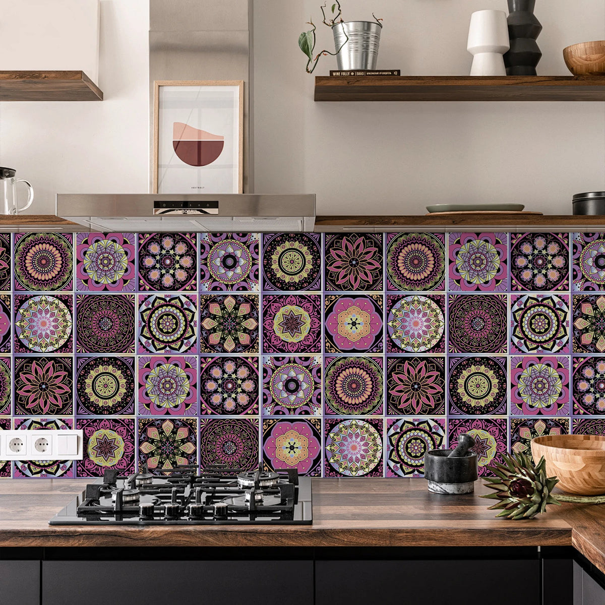 Purple, pink, and teal tile-style wallpaper with repeating floral medallion squares