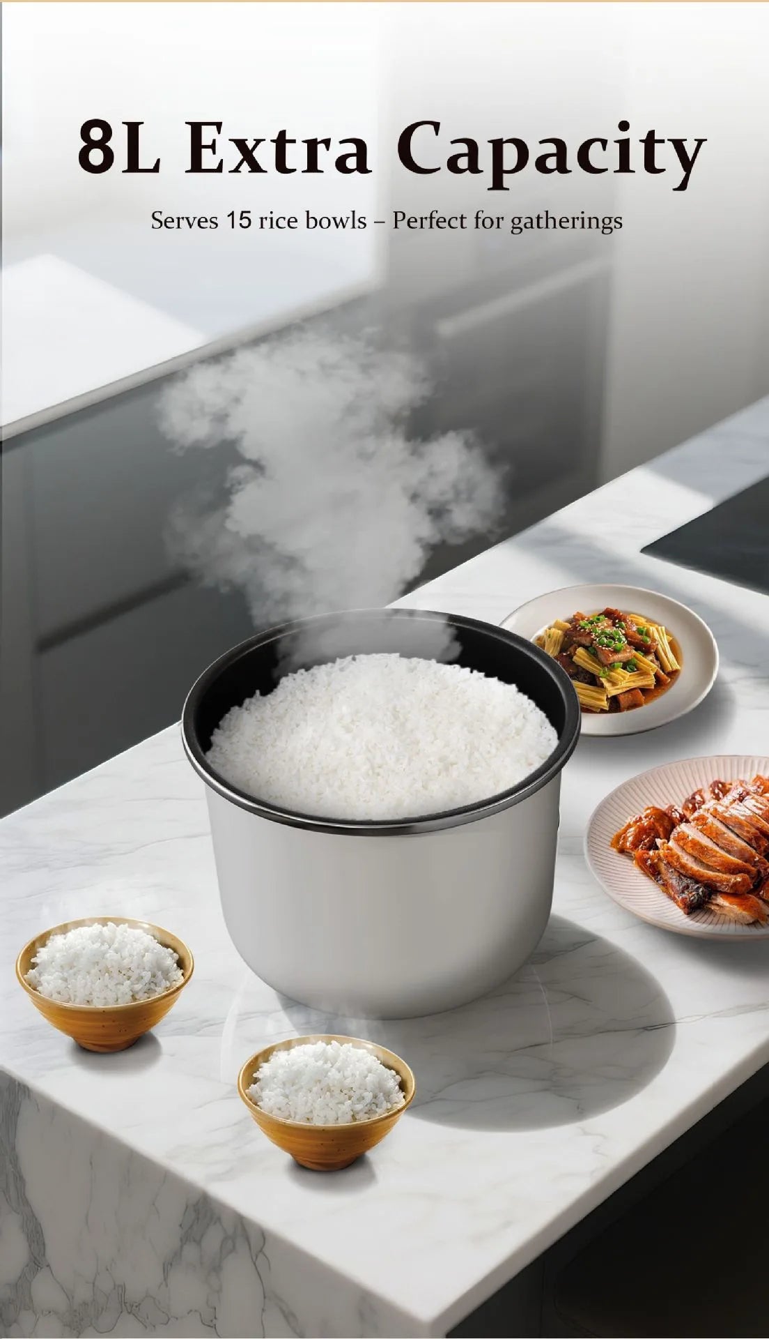 Electric pressure cooker pot with visible steam, white rice, large 8L capacity