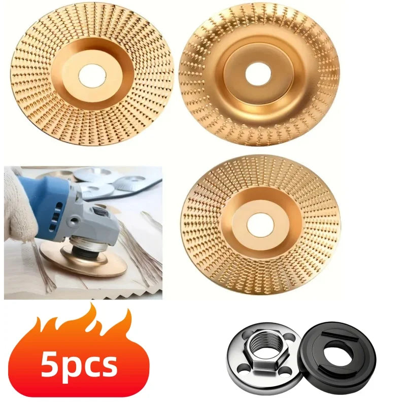 5-Piece Wood Carving Disc Set, Compatible with 100-Type Angle Grinder, Wooden Grinding Wheel Discs, 3 Grinding Discs + 2 Angle Grinder Pressure Plates, Tool Accessories