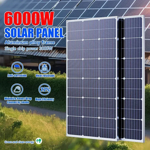 Two large 3000W solar panels with silver aluminum frames displayed in a grassy outdoor setting with text overlays.