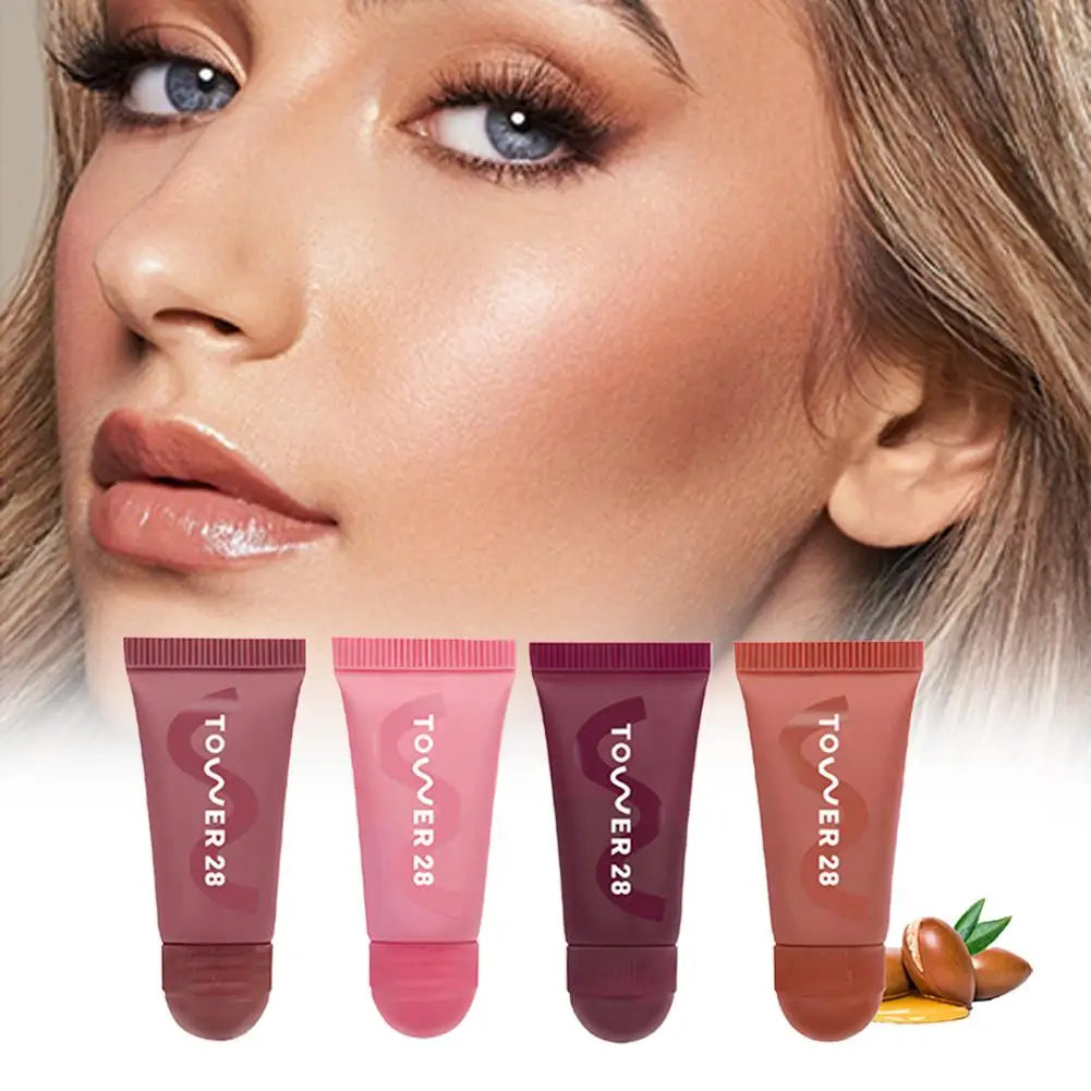 Tower 28 4pc lip jelly set: hydrating tinted balm tubes in assorted shades for a glossy, mirror-shine finish.