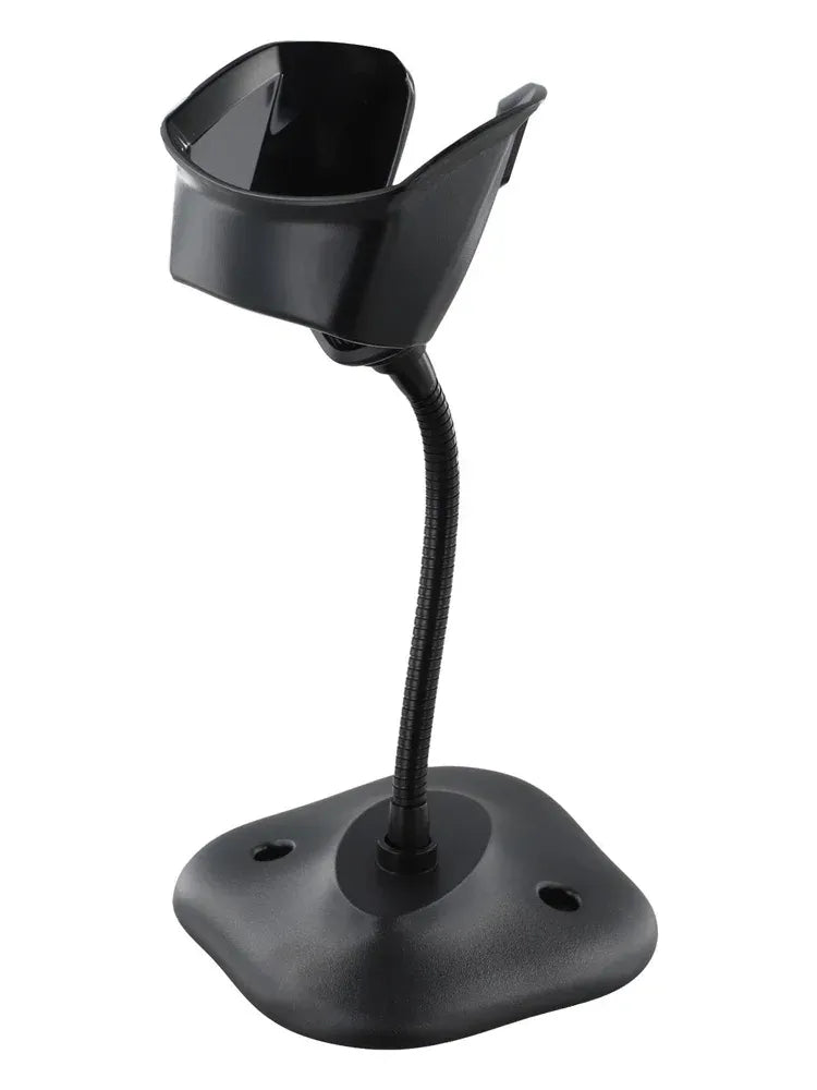 Black adjustable barcode scanner stand with flexible neck and wide base