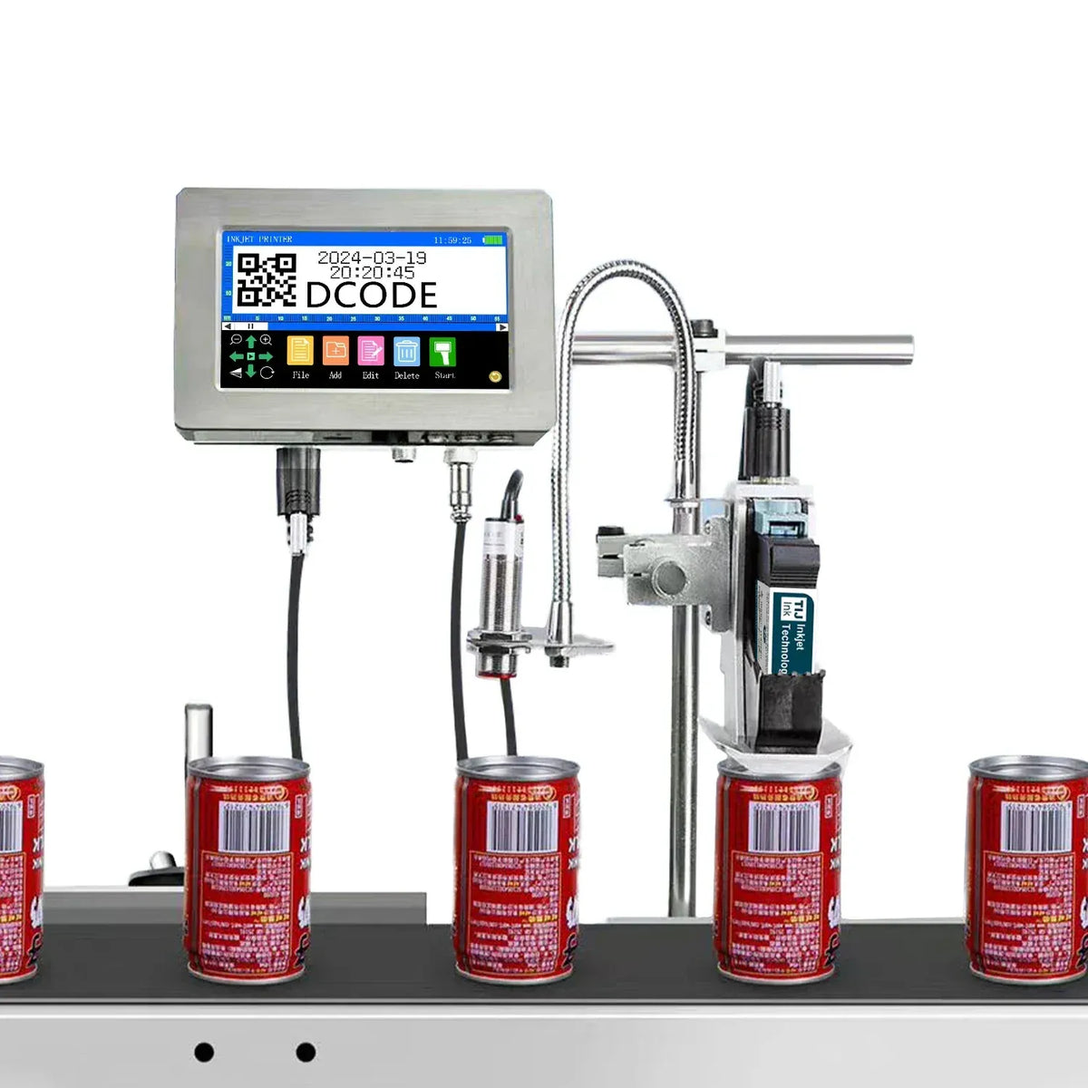 Thermal inkjet label printer dispensing coded marks on multiple beverage cans