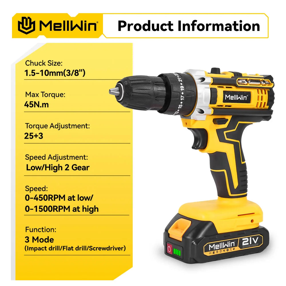 MELLWIN 25+3 Torque Cordless Electric Impact Drill Set Multipurpose Electric Screwdriver Tool Sets For Makita 18V Battery Pin