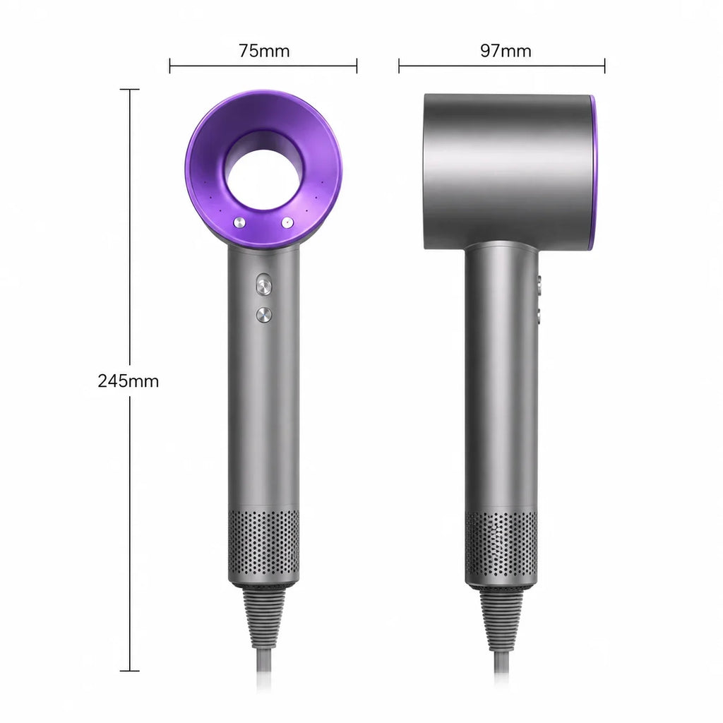 Professional purple and grey high-speed bladeless hair dryer with dimensions for fast, quiet salon-style drying.