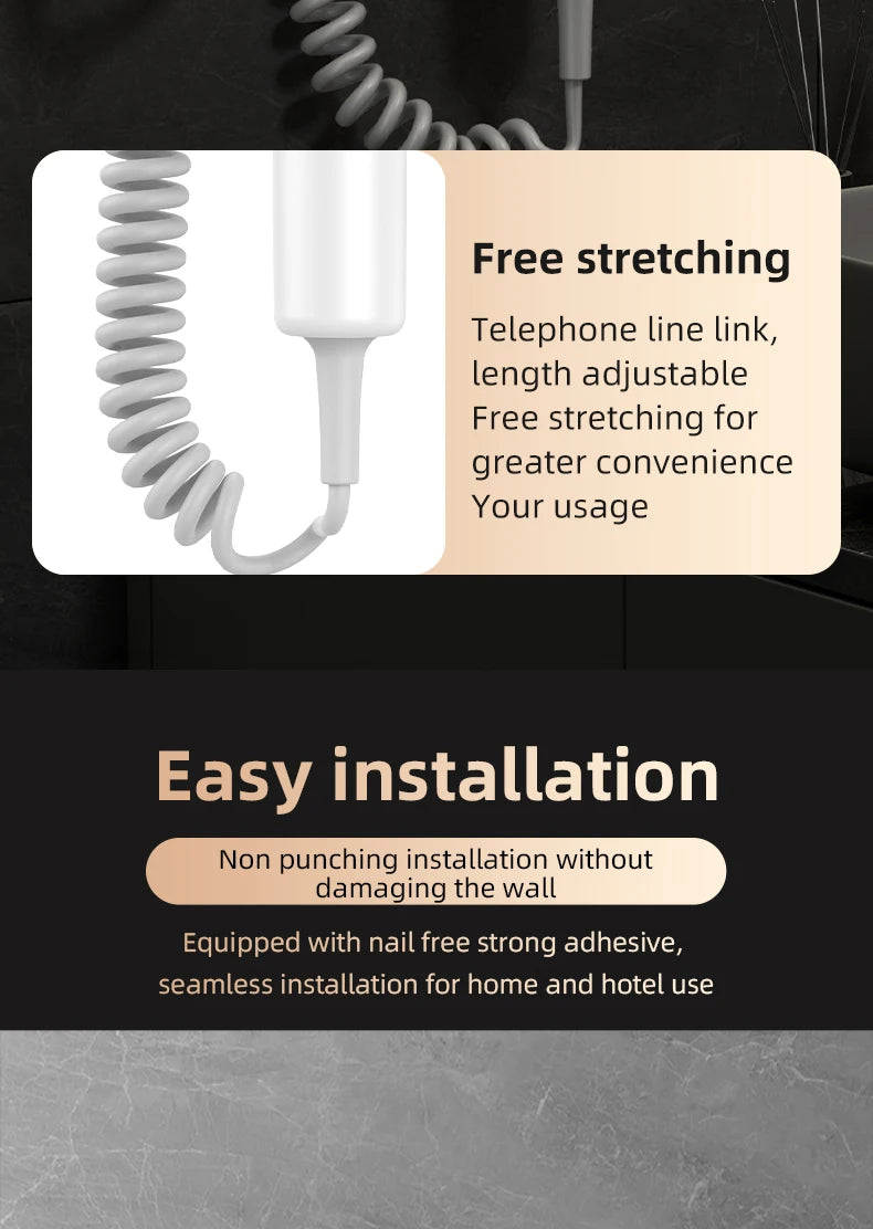 White wall-mounted 1300W hair dryer with stretchable telephone cord for easy, non-drill bathroom installation.
