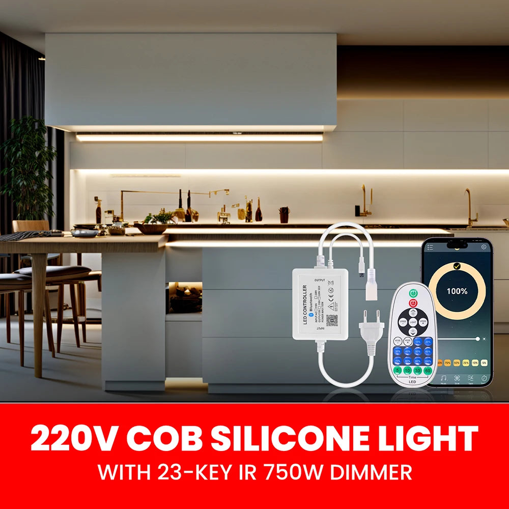 Dimmable 220V COB LED Strip Light WIFI Bluetooth Wall Touch 23key Remote Control Power Kit 288LED Flexible Tape Waterproof Lamp