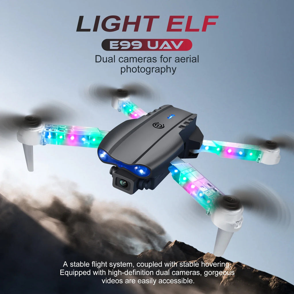 E99 Light Elf quadcopter drone in matte black with multi-colored LED arms, designed for aerial photography.
