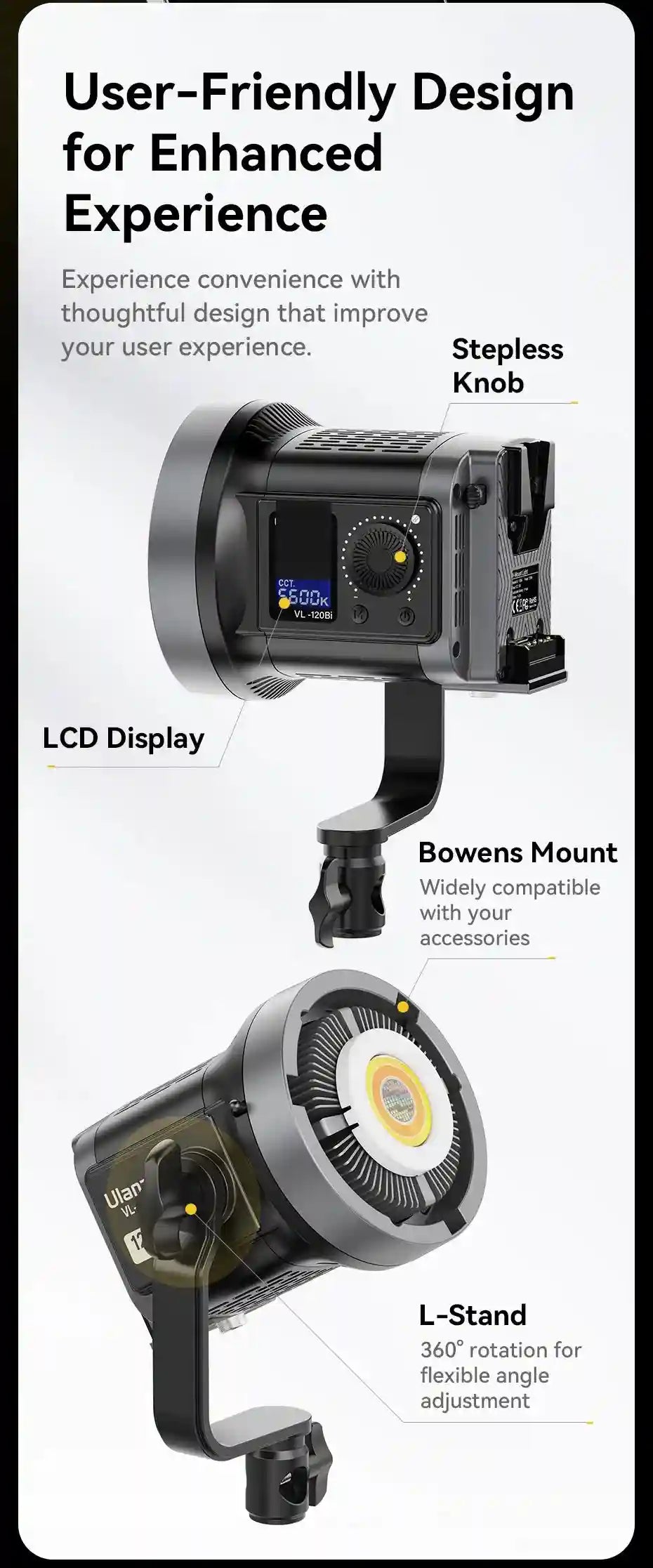Black LED studio light with LCD screen, stepless control knob, Bowens mount, and rotating L-stand for video lighting.