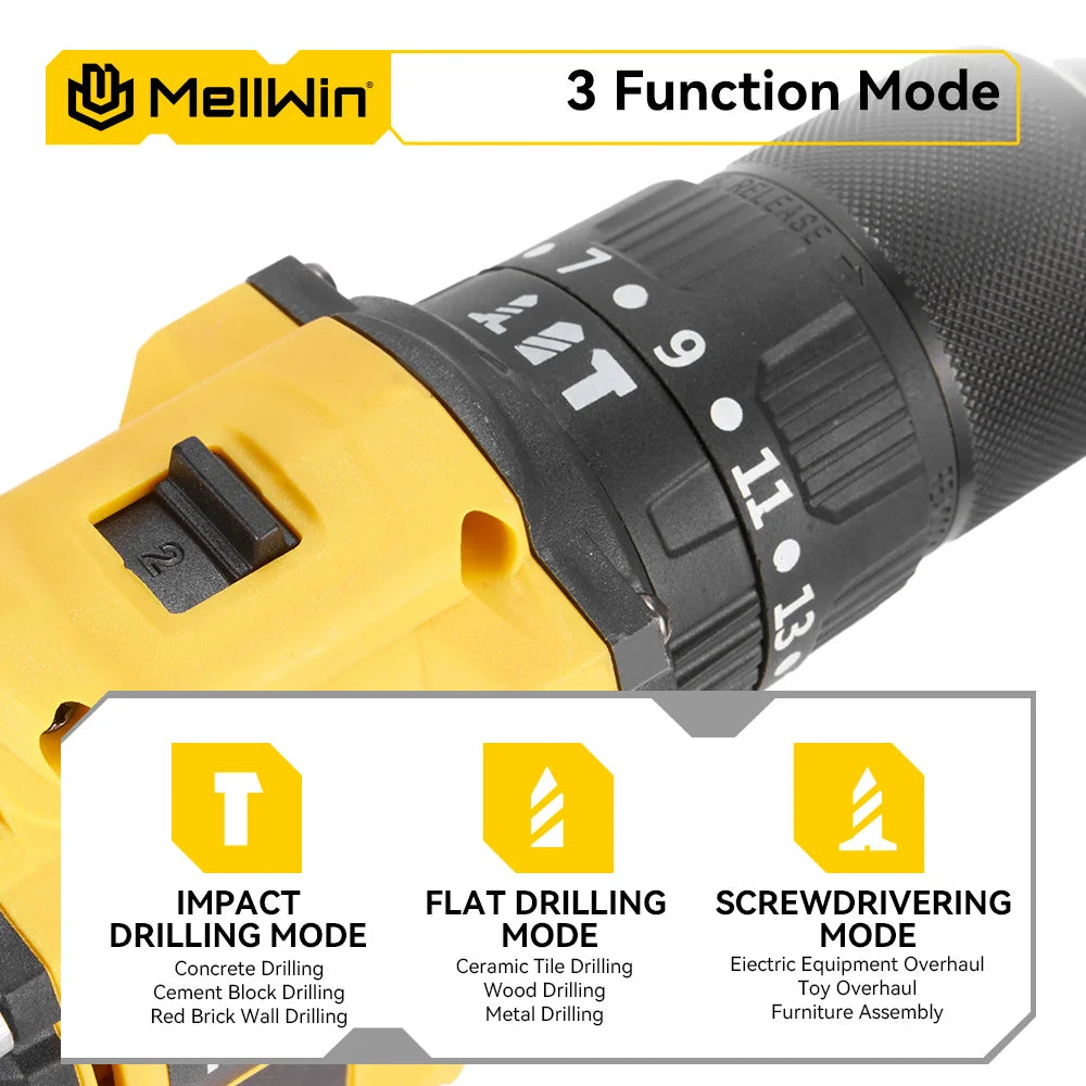 MELLWIN 480N.M Brushless Electric Impact Drill 3IN1 Handheld Electric Flat Drill Screwdriver For Makita 18V Battery Pin