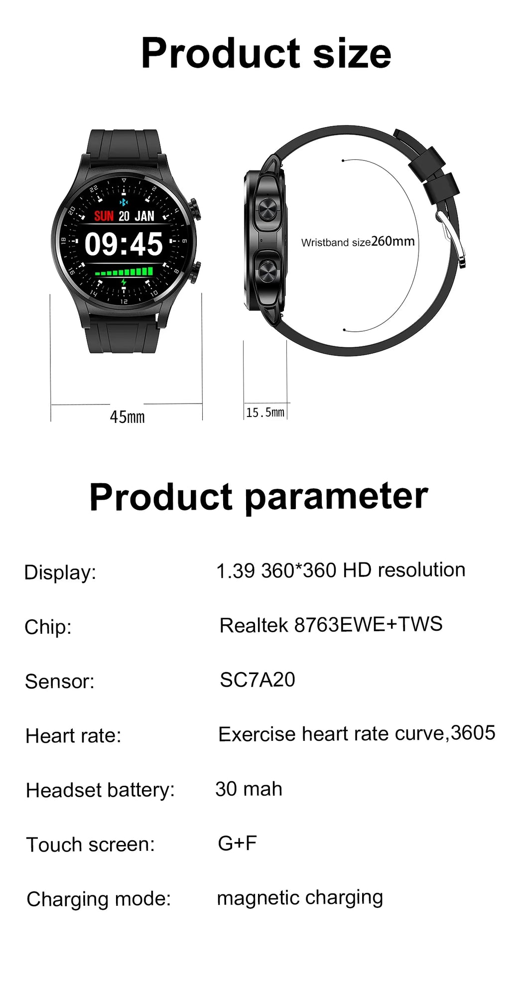 New NFC Smartwatch TWS Bluetooth Headset Two-In-One 1.39HD Display IP67 Waterproof Heart Rate Monitor Male Sports Smartwarch