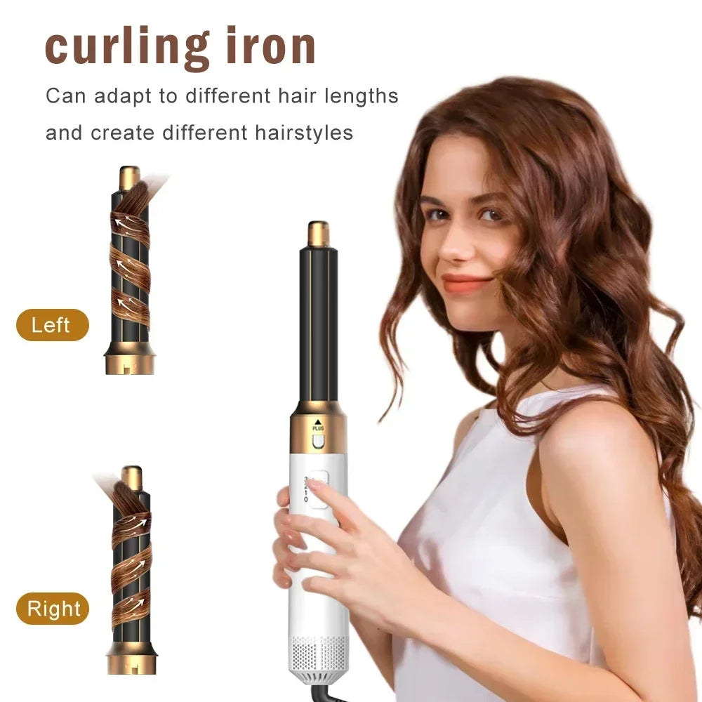 6-in-1 hair dryer brush and curling iron set in white and gold, featuring bidirectional automatic styling attachments.