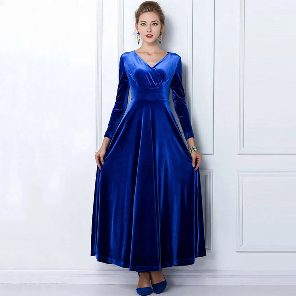 Vintage Women Autumn Long Sleeve V Neck Pleated Velvet Banquet Party Maxi Dress Party Wedding Elegant Evening dress 