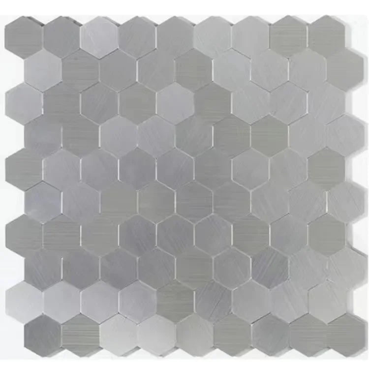 Aluminum hexagon wall tiles in light gray and white matte metallic finish