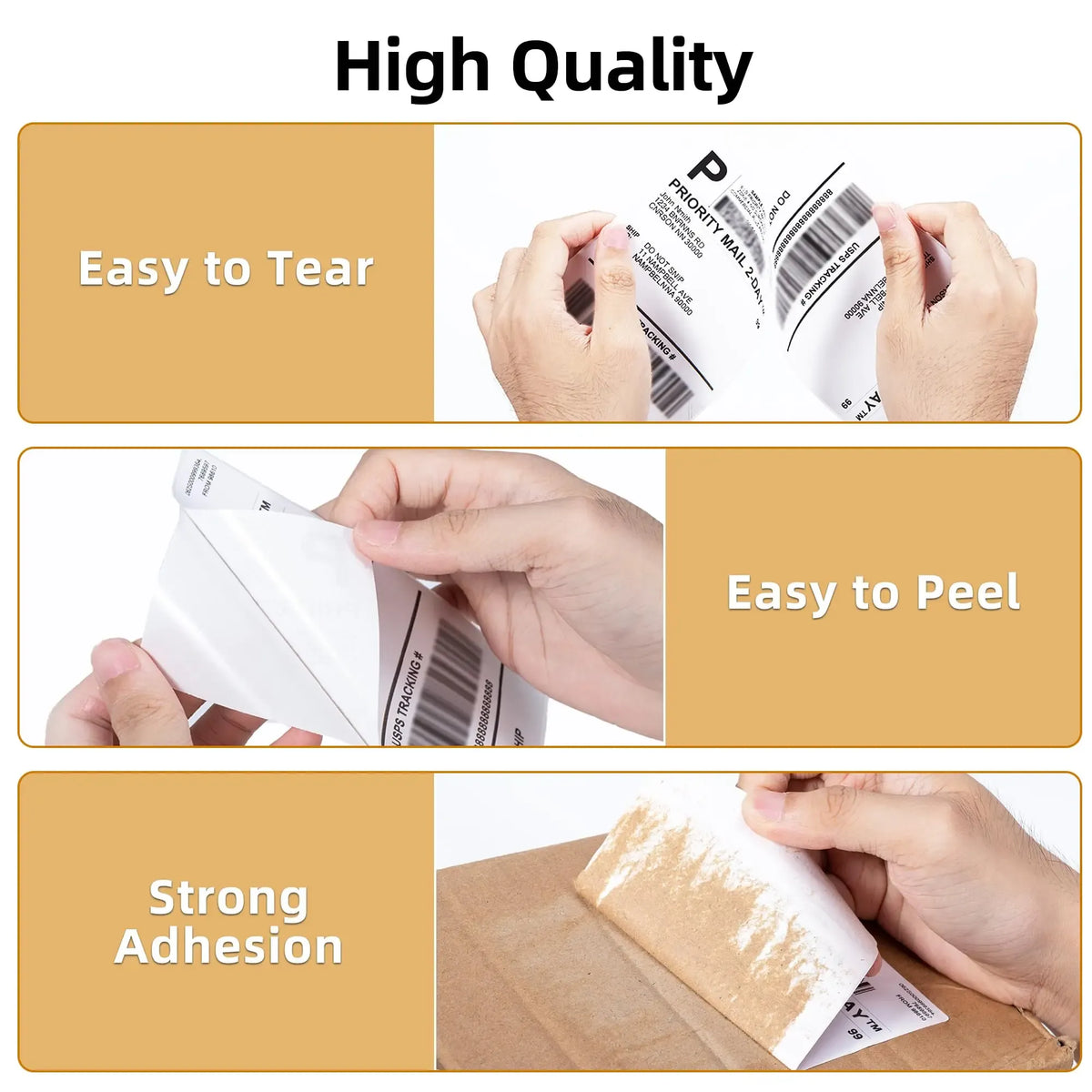 Hands peeling an adhesive shipping label sheet with barcode labels on backing