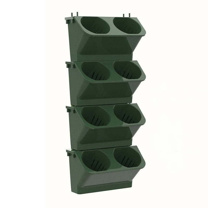 Dark green stackable wall planter set with 4 tiers and two oval cups per tier.