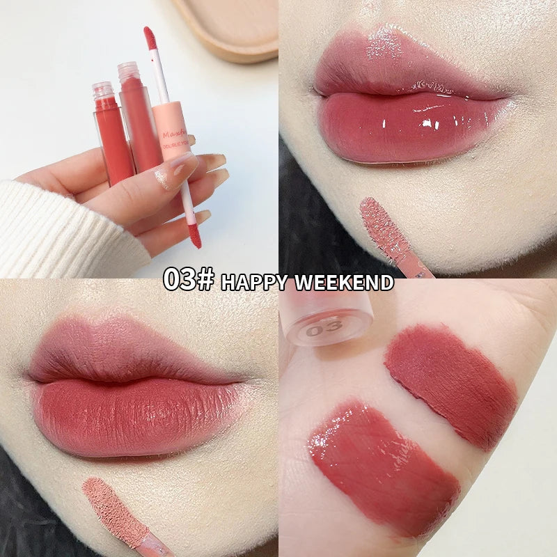 Double-ended matte and glossy lip stain in rose pink. Waterproof, long-lasting moisturizing velvet lip makeup finish.