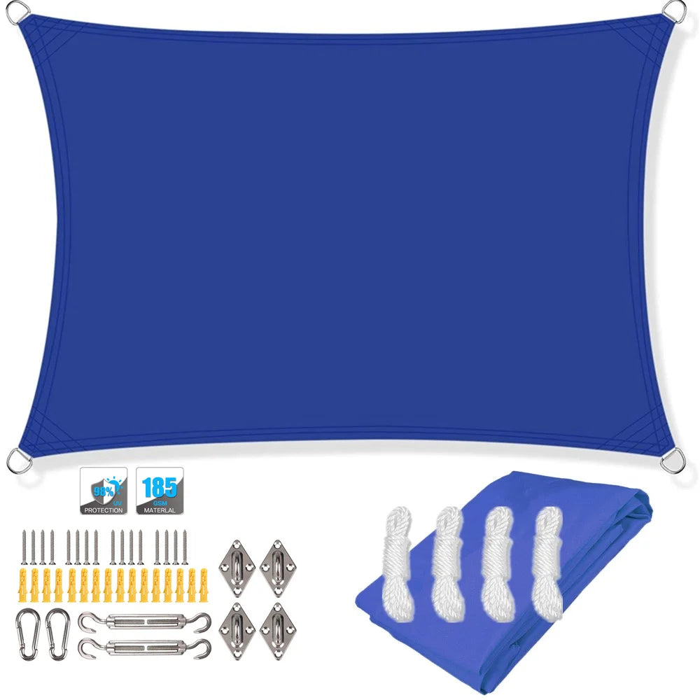 Rectangle sun shade sail canopy in royal blue with corner loops and included kit parts