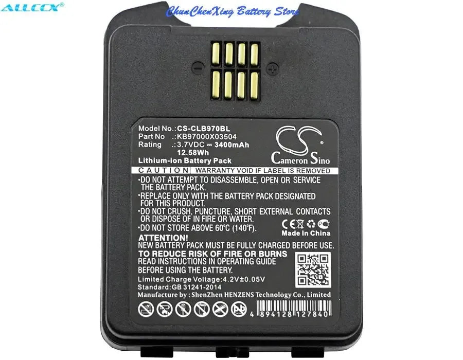 Barcode scanner battery with underside label and four gold contact pins