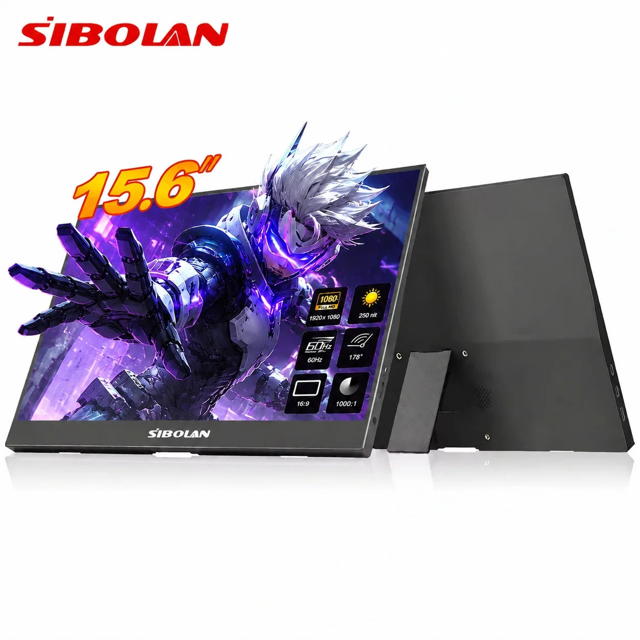 Sibolan 15.6 inch Portable Monitor IPS 1080P 72% sRGB HDMI Type-C Plug Built-in Stand Laptop Display Extender For Windows Mac