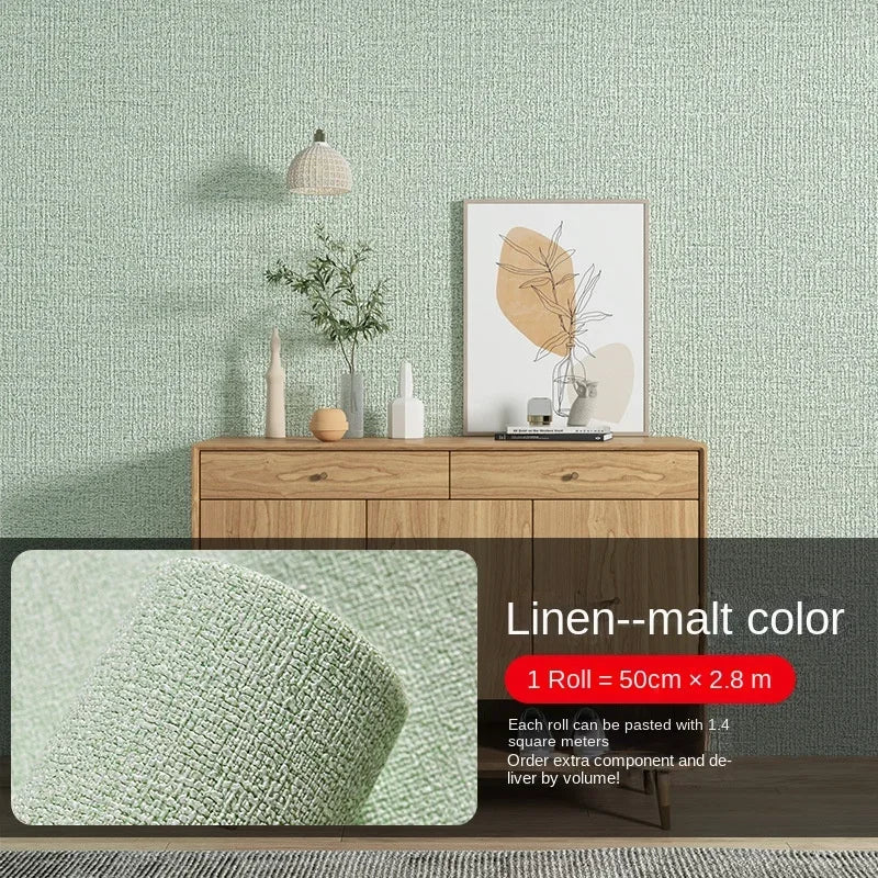 Self-adhesive linen-texture wall panel wallpaper in green mint, roll and room view