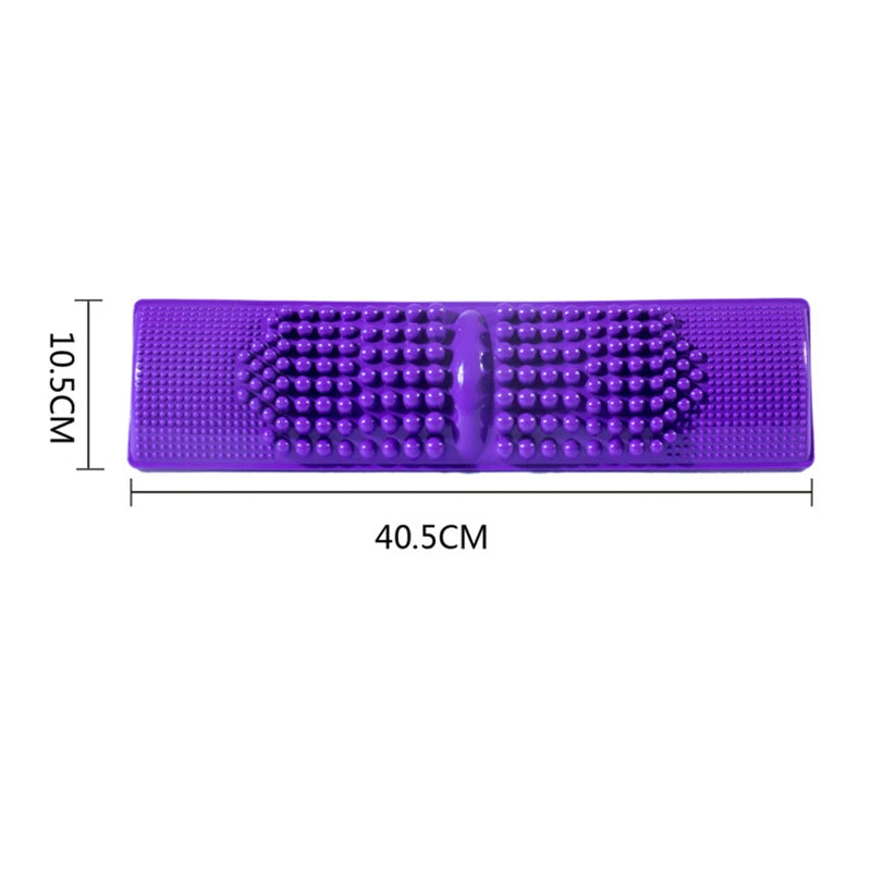 Purple plastic foot massager mat with acupressure nodes for reflexology, pain relief, and relaxation. 40.5x10.5cm.