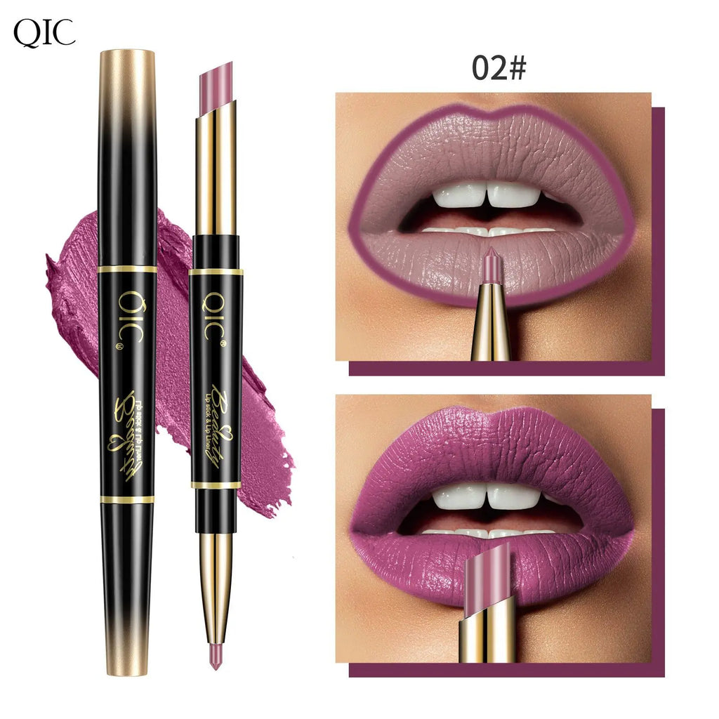 QIC 2-in-1 waterproof matte lipstick and lip liner pencil in mauve shade with dual-ended applicator for precise look.