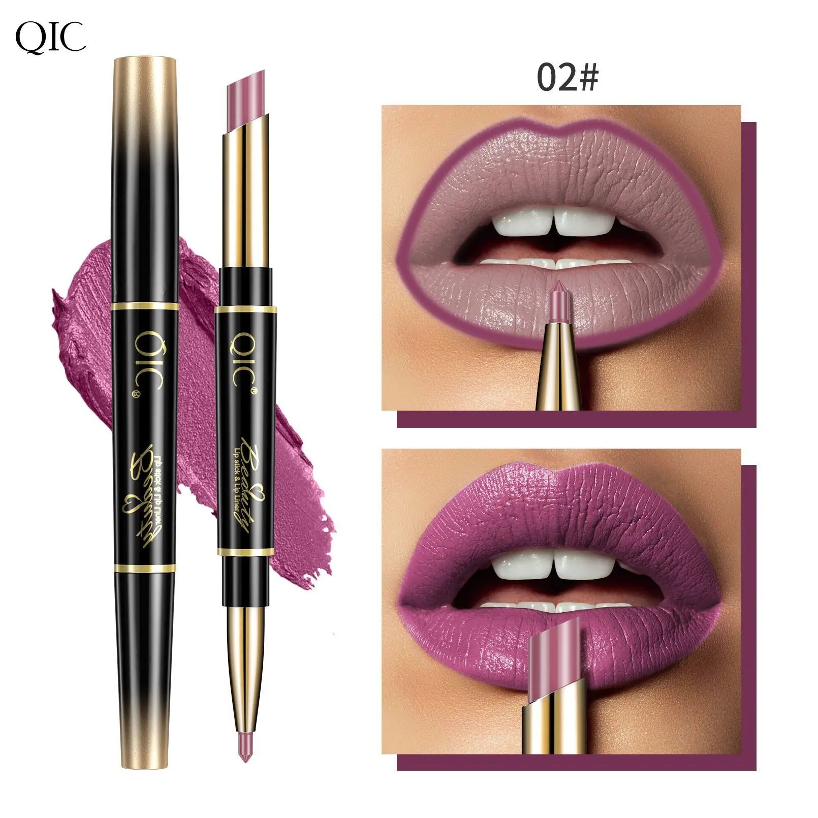 QIC 2-in-1 waterproof matte lipstick and lip liner pencil in mauve shade with dual-ended applicator for precise look.