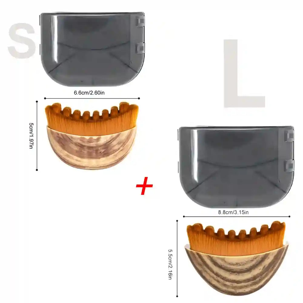 Two semicircular face massage brushes with wood-grain handles, yellow bristles, and gray protective cases.