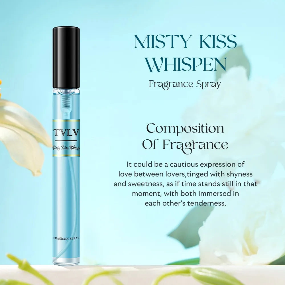 TVLV Misty Kiss Whispen women’s floral fruity vanilla perfume spray in a slender, elegant glass travel vial.