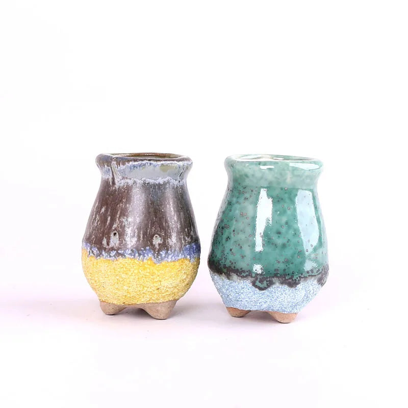 Pair of mini ice-crack ceramic succulent pots: dark brown with yellow band and green with blue base