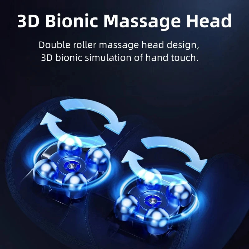 Electric foot and calf massager with 3D bionic double roller heads for deep tissue kneading and muscle fatigue relief.