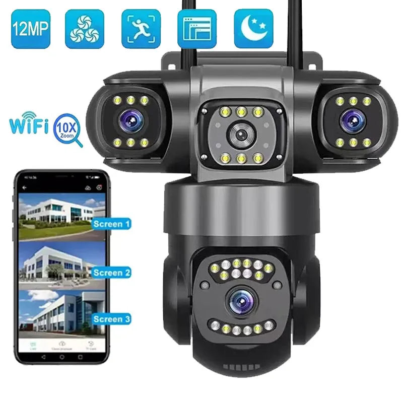12MP WiFi IP Camera Outdoor Three Lens AI Tracking PTZ 10X Zoom Wireless Security CCTV Video Surveillance