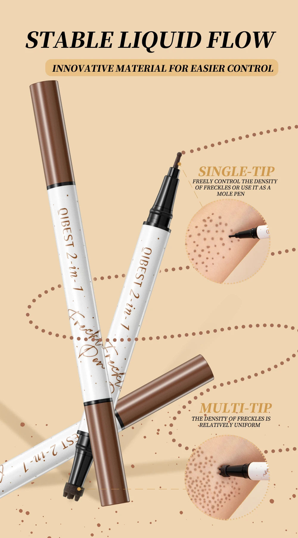 Tidesmit QIBEST double-end freckle stamp pen for natural brown faux freckles and face contouring detail view