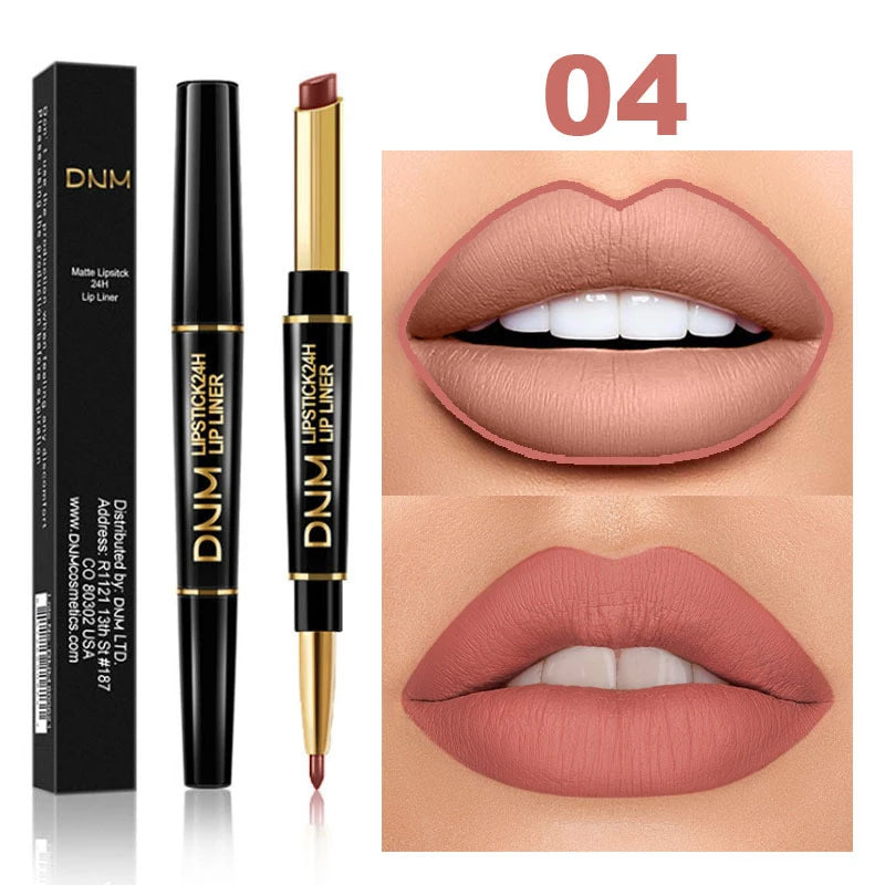 DNM 2-in-1 matte lipstick and lip liner pen, long-lasting waterproof makeup in a charming nude shade for full lips.