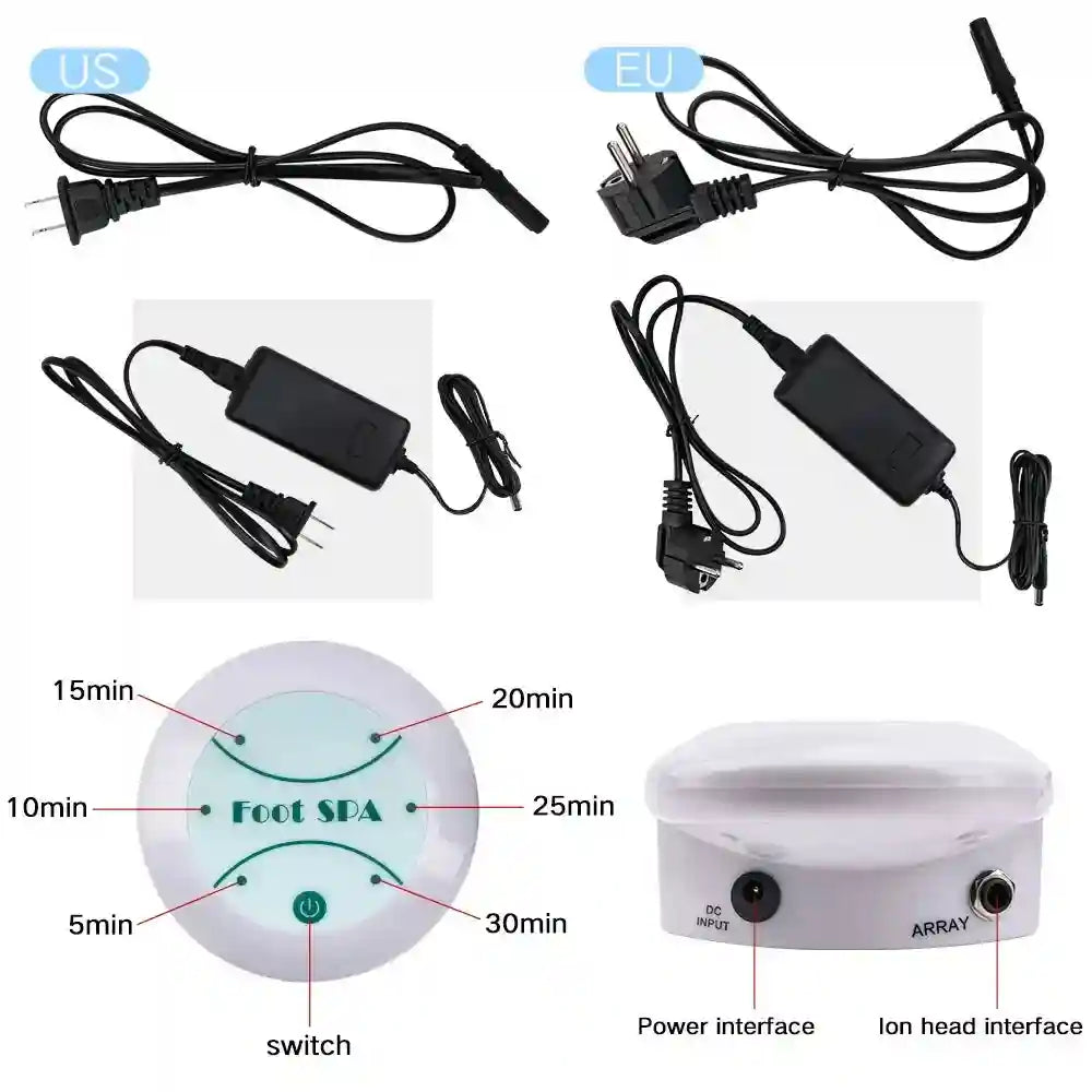Ionic foot detox spa machine set with power adapters, timer control panel, and ports for ion array and power input.