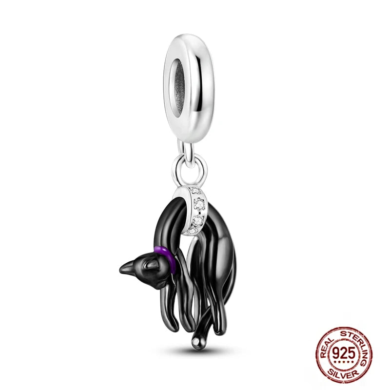 Black cat 925 sterling silver dangle charm with purple collar, fits Pandora bracelets, perfect pet lover jewelry gift.