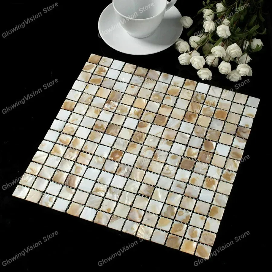 Natural mother-of-pearl mosaic tile sticker sheet with beige and white square pattern