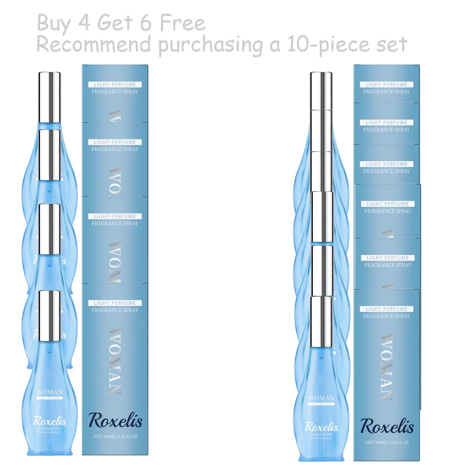 Roxelis Oriental Charm EDT: Elegant fresh coconut women’s perfume in a slender, wavy blue glass spray bottle.