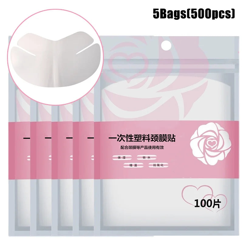 Five bags of 100 disposable, clear plastic, wing-shaped facial/neck mask sheets for skincare, showing one cutout detail.