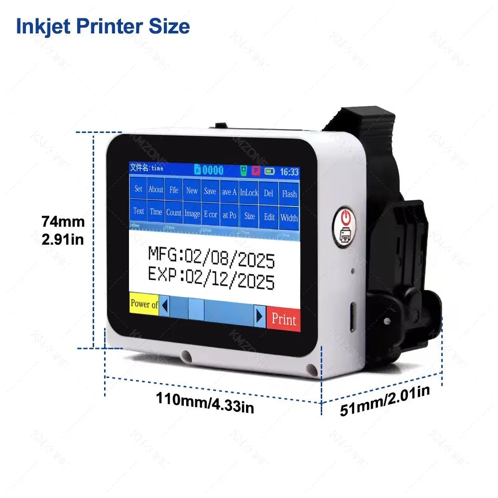 Blue and black handheld inkjet printer with screen, shown with size measurements